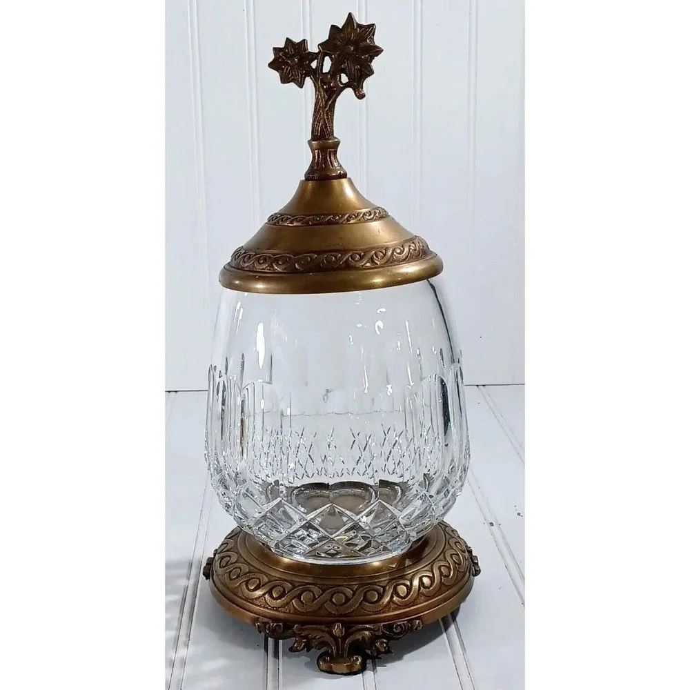 CASTILIAN  LEAD CUT CRYSTAL BRONZE PEDESTAL CANDLE LAMP CENTERPIECE BOWL VASE - Picture 4 of 11